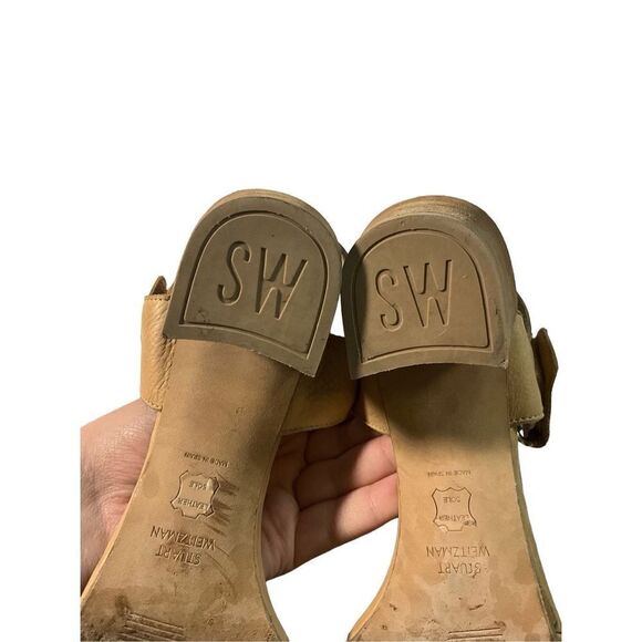 Stuart Weitzman Leather Nude Strappy Chunk Heel Sandal - Picture 14 of 16